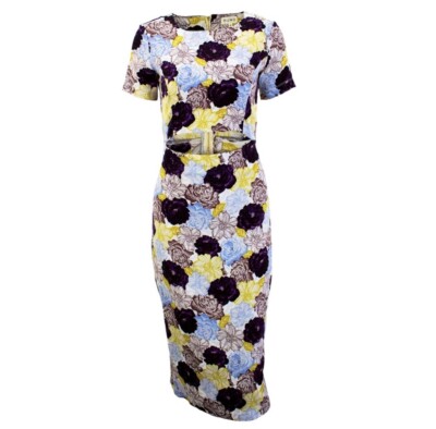 suno silk floral sheath dress Suno Stretch Silk Cut Out-Waist Floral Short Sleeve Midi Dress Katy Perry  choice