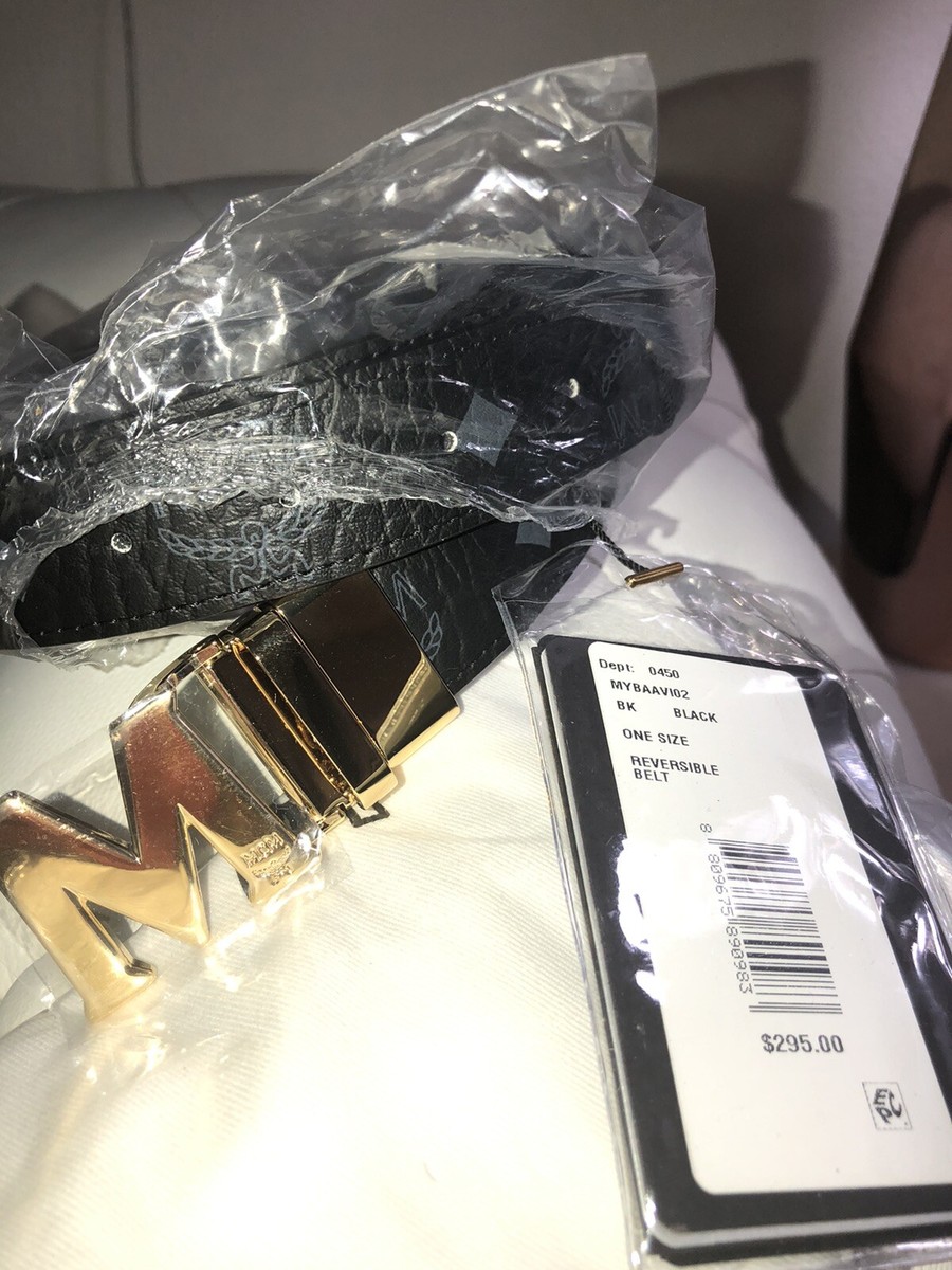 BNWT MCM Visetos Unisex M Logo Reversible Belt, Black & Gold  display picture 2
