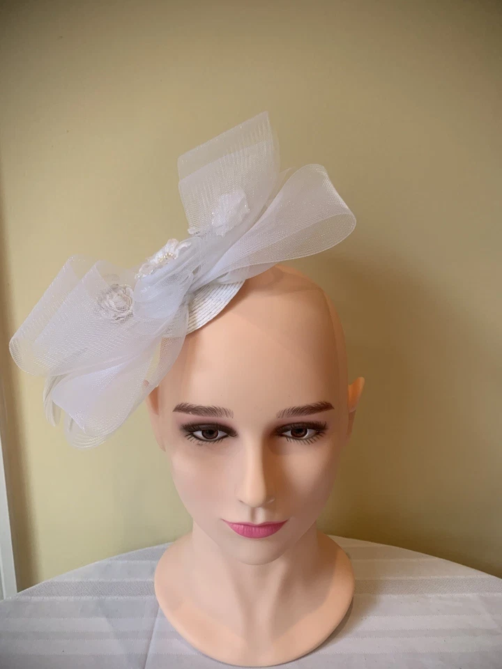 Flower Fascinator Hat Floral Cocktail Tea Party Wedding Headband Vintage White - Image 4 of 4