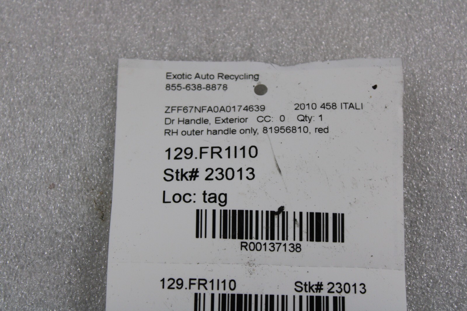 Ferrari 458 Italia, RH, Right, Exterior Door Handle, Used, P/N 81956810