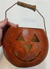 Vintage Gourd Hand Made Jack O Lantern Pail with Handle Primitive Folk Art Rare