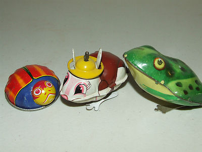 Vintage 1950's Japanese Tin Litho Toy Lot; Frog, Rabbit, Ladybug - Yone, BM, Etc