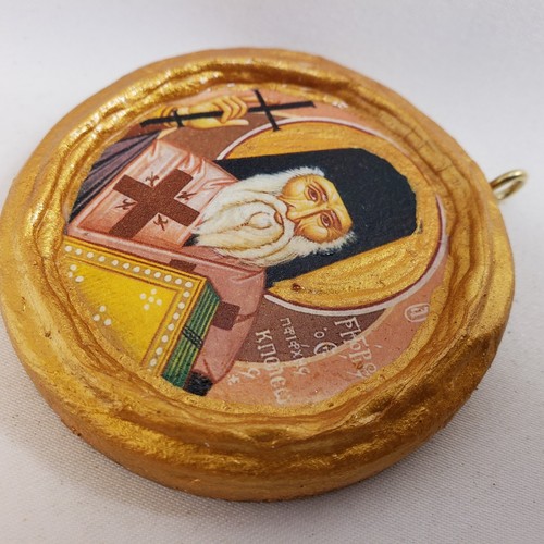 Saint Gregory of Constantinople Gregorio Miniature Round Byzantine Icon on Wood - Picture 4 of 10