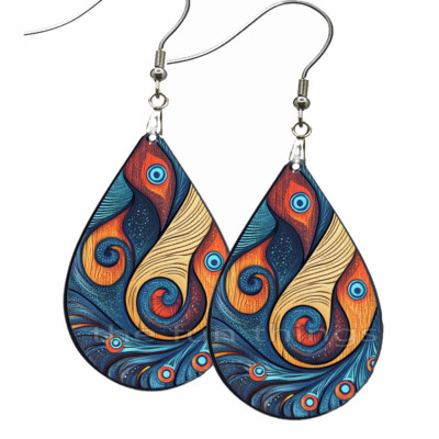 Boho Feathers Swirls Earrings Teardrop NO TARNISH Wood Dangle Artisan Jewelry