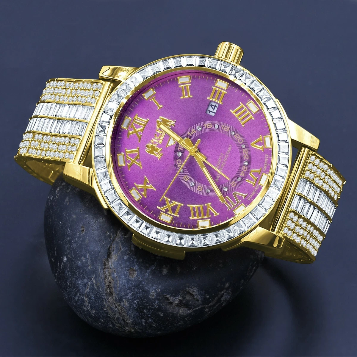 Icy Yellow Gold Tone White Baguette Purple Face Dial Custom Band