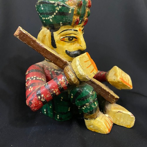 Handmade Rajasthani Musician Vintage Wooden Figurine Statue Showpiece Decor 4"  - Picture 2 of 7