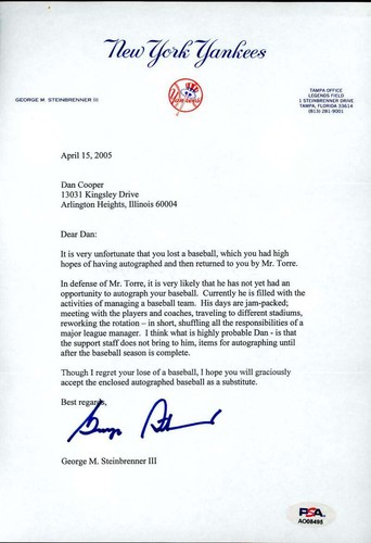 George Steinbrenner PSA DNA Loa Signed 2005 Yankees Personal Letter Autograph