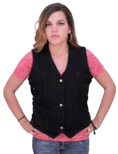 Womens Denim Vest W Side Laces, Concealed Carry Gun Holster Pockets, 6 Pockets