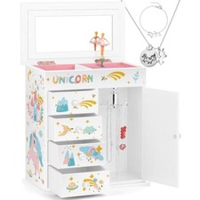 Jewelry Box for Girls 5-Layer with Swing Door Spinning Ballerina Unicorn White