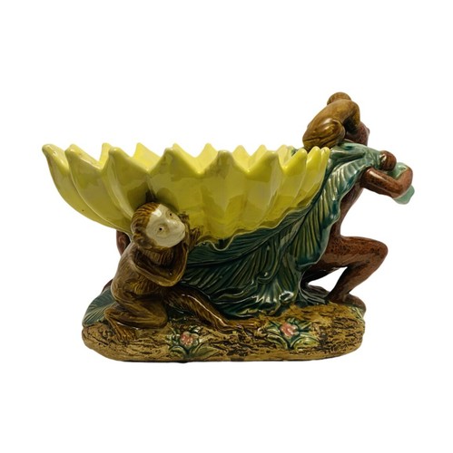 Vintage Majolica Ceramic 14” Centerpiece Bowl Monkey Banana Leaf Motif (ST). - Picture 3 of 7