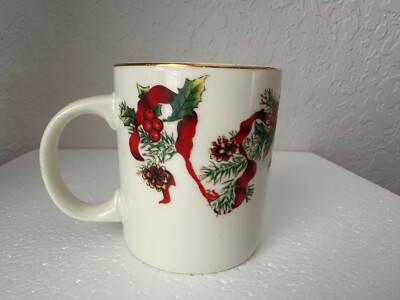 World Bazaars Christmas Ribbon Coffee Tea Mug Red Ribbon Pinecone Gold Trim