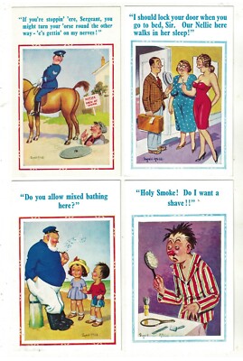 4 Comic Postkarten von Donald McGill Schließen Sie Ihre Tür Unsere Nellie geht im Schlaf