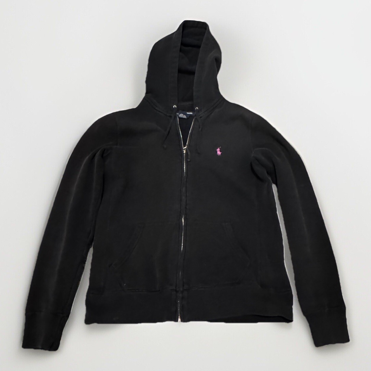 Polo donna Ralph Lauren nera con cappuccio e zip viola pony taglia small petite