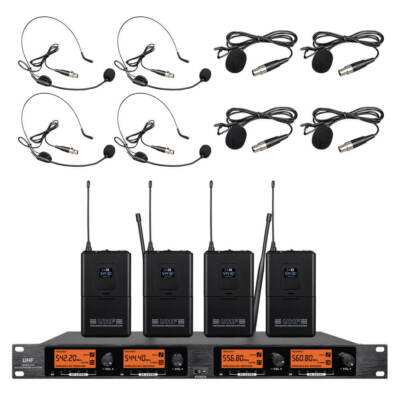 Pro Audio 4 Channel Wireless Microphone System UHF  4 Lavalier Bodypacks Headset