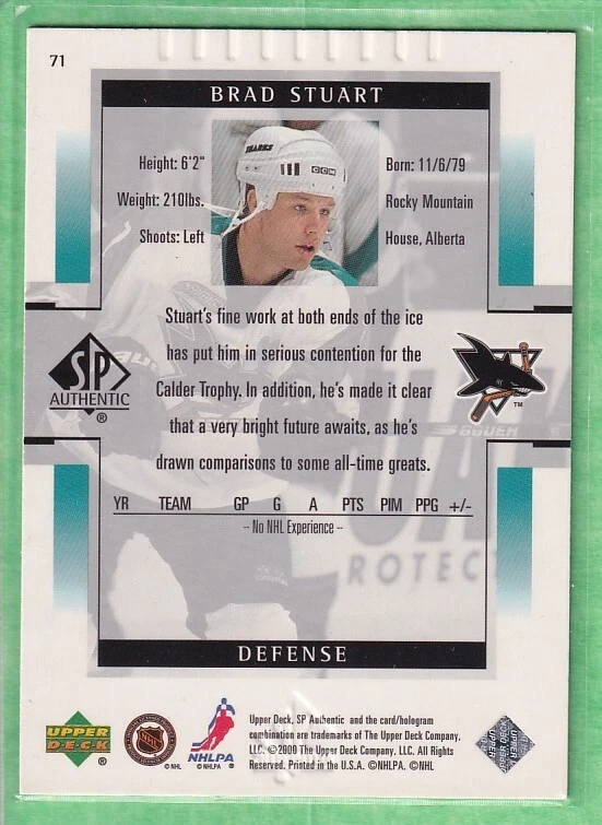 1999-00 SP Authentic #71 Brad Stuart San Jose Sharks - Image 2 of 2