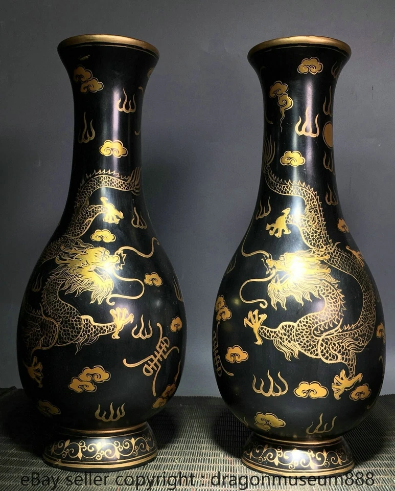 Par de botellas de jarrón dragón dorado de laca de madera china antigua marca Qianlong de 11,2" Foto 2 de 4