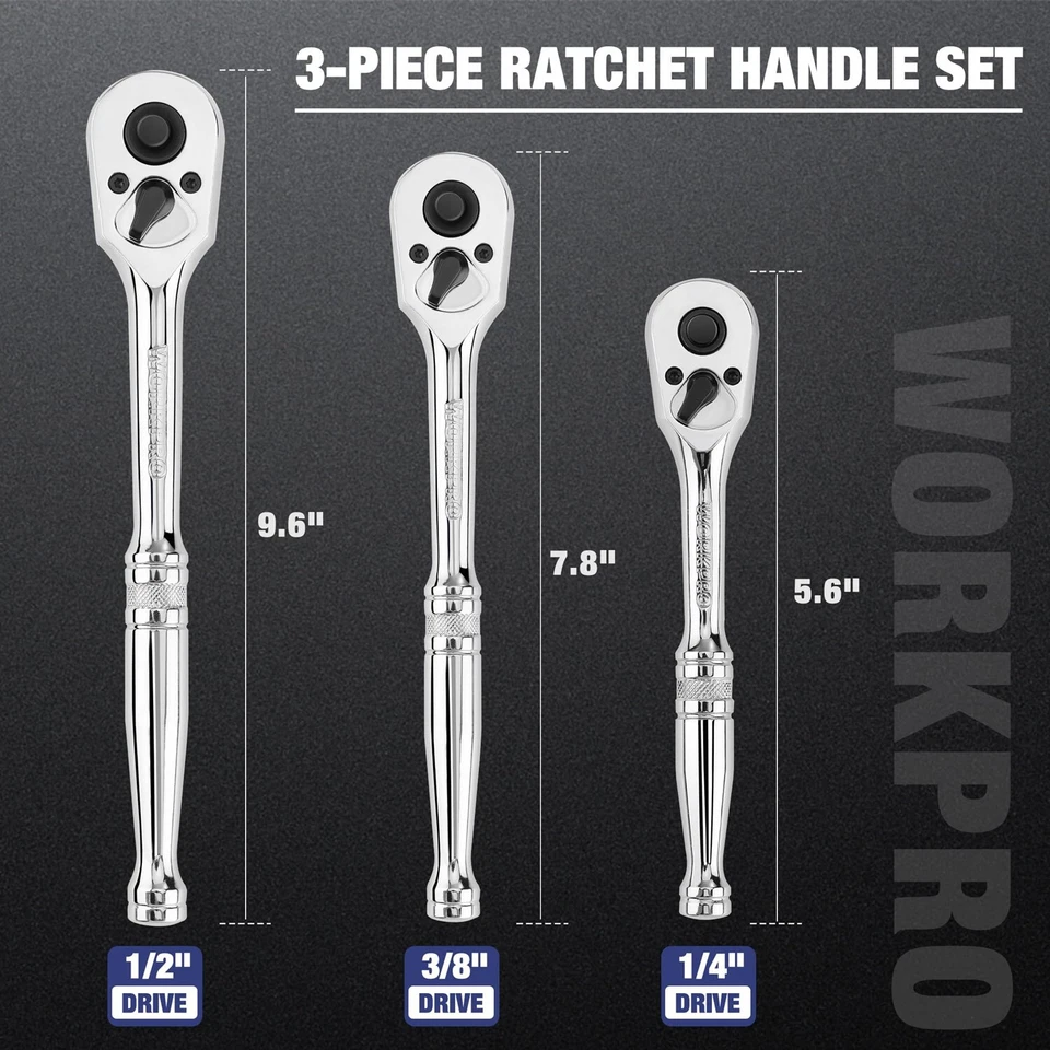 WORKPRO 3PCS Ratchet Set 1/4" 3/8" 1/2" Dr Ratchet Handle Quick Release 72-Tooth - Image 2 of 4