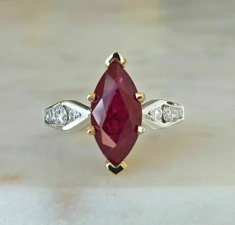 Anillo para mujer 2 quilates corte marquesa simulado rubí rosa chapado en oro blanco de 14 quilates plateado Foto 4 de 4