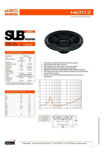 Hertz DS 25.3 Subwoofer 25 CM 600W 4 Ohm Altoparlante AUTO Linea Dieci OMAGGIO - Foto 2 di 4