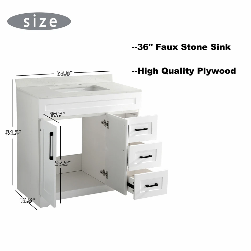 36"/48" Plywood Bathroom Vanity With Sink Engineered Stone Top Ceramic Basin - Image 4 of 4