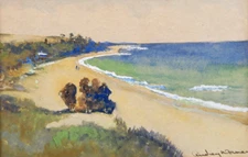 AUSTRALIAN WATERCOLOUR PAINTING A PENINSULAR BEACH SCAPE BY AUDREY DORMAN   P304