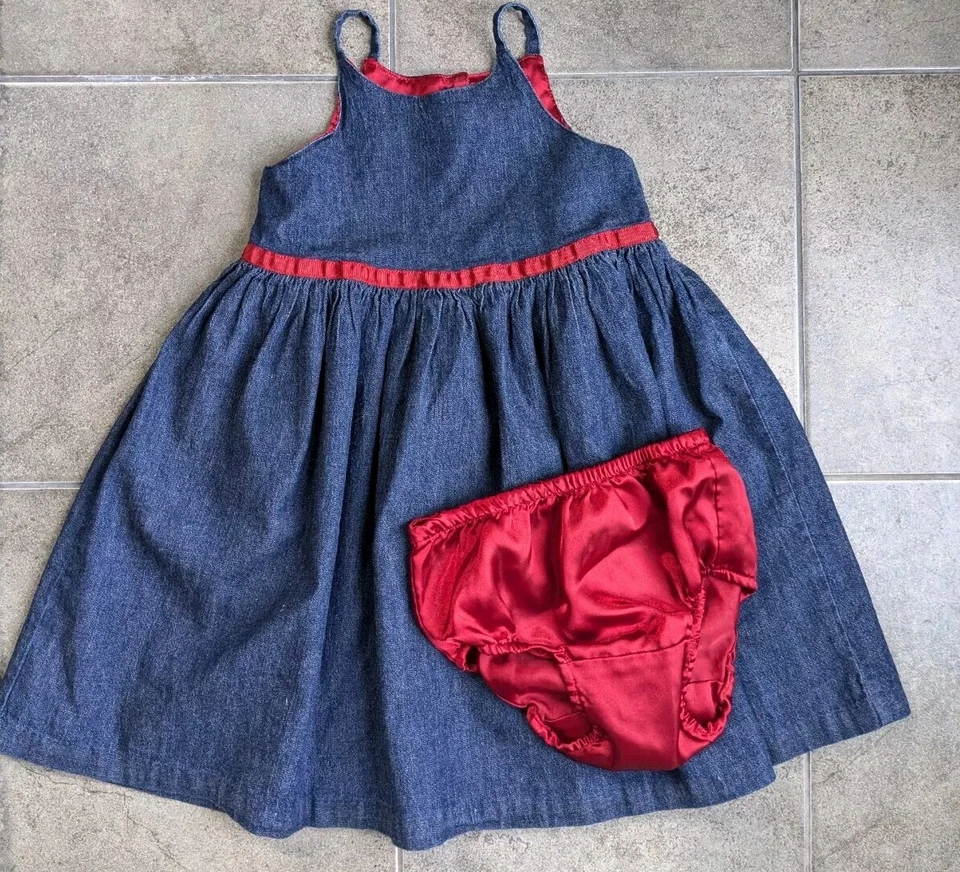 Y2K Baby Gap 女孩牛仔套衫连衣裙红色缎面衬里匹配开花器 4 4XL — 第 3/4 张图片