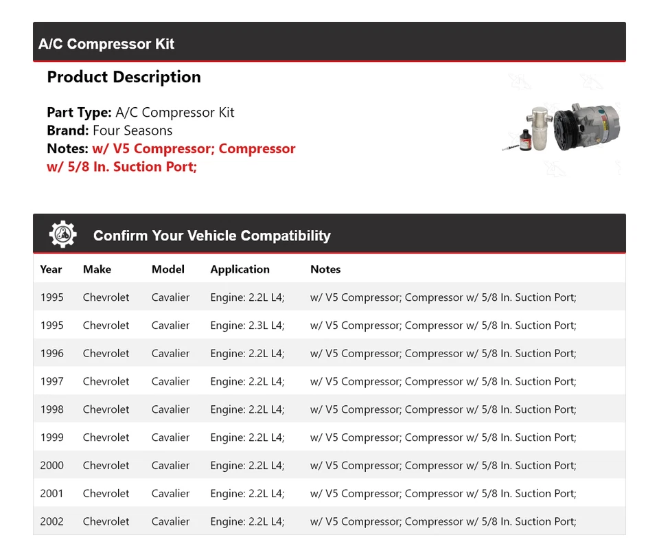 Kit compresor aire acondicionado Chevrolet Cavalier 1995-2002 4 estaciones 1996 1997 1998 Foto 2 de 4