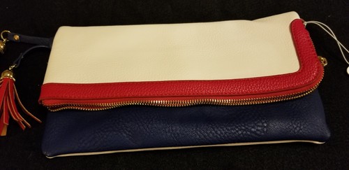Fold Over Clutch/Handbag Purse. Red Ivory & Blue Adjustable Strap, Patriotic - Picture 2 of 5