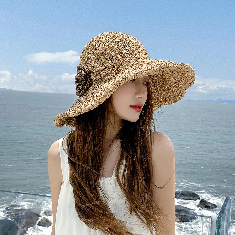 Straw Hat Summer Beach Hat Flower Foldable Sun Protection Large Brim Sun Hat