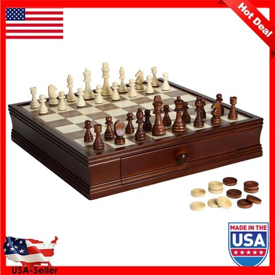 Square Prodigy Wood Chess Checkers Set 18.9 X 18.9 X 4 In W/ 2 Pull Out Drawers