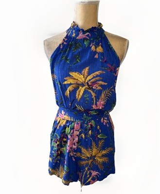 RACHEL Rachel Roy blue halter tropical floral print romper Size S