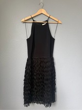Aidan by Aidan Mattox Black Fringe Halter Midi Dress- US 8