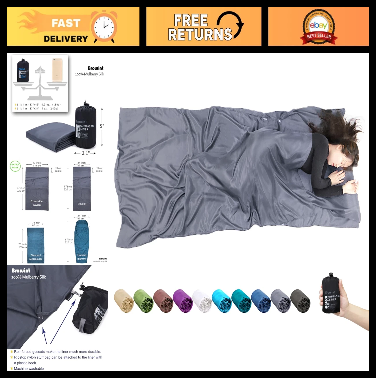 Extra Wide Silk Sleeping Bag Liner 87"x43" | Lightweight Travel Sheet, Hotel Use