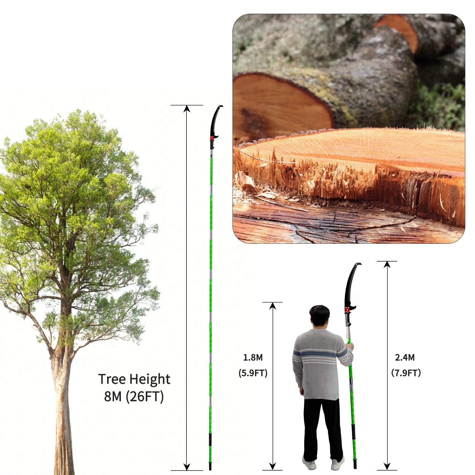 26 Feet Tree Pole Pruner Manual Branches Trimmer Extension Cut Tree Branch Ga...