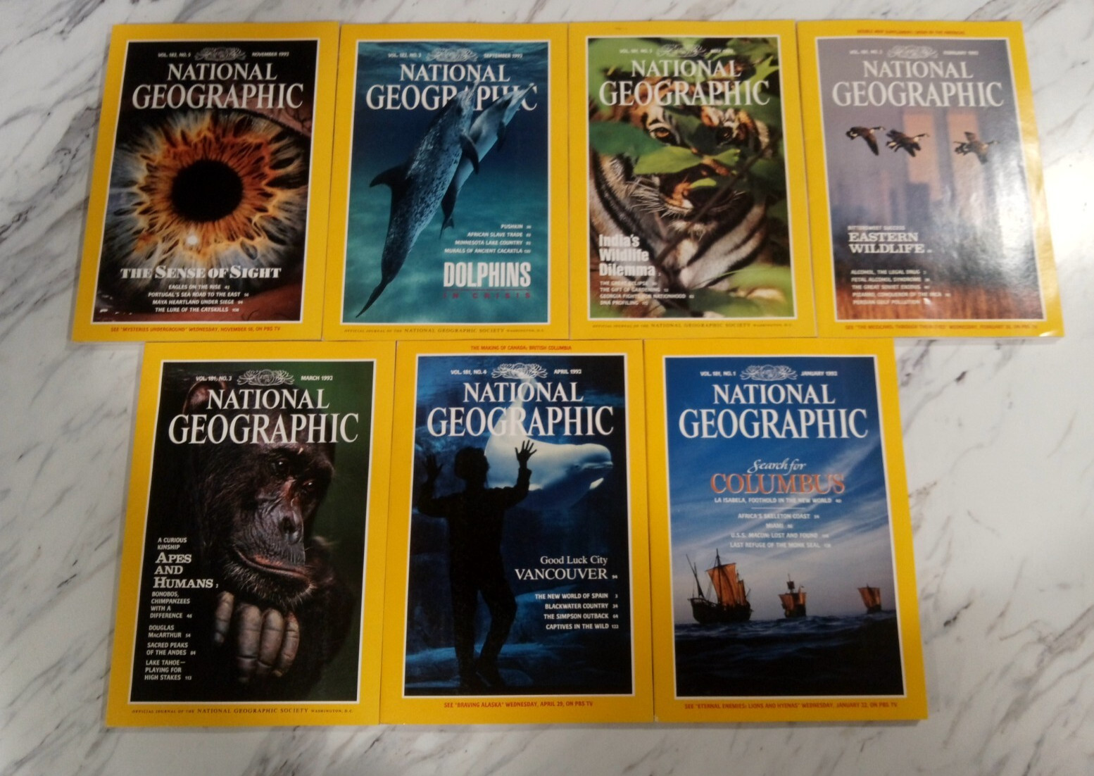 National Geographic 7 Magazine Lot: Issues From 1992 - No Duplicates