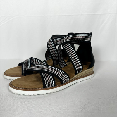 SKECHERS BOBS Desert Kiss Candid Gal Sandal Low Espadrille Black Woven Stripe 8M