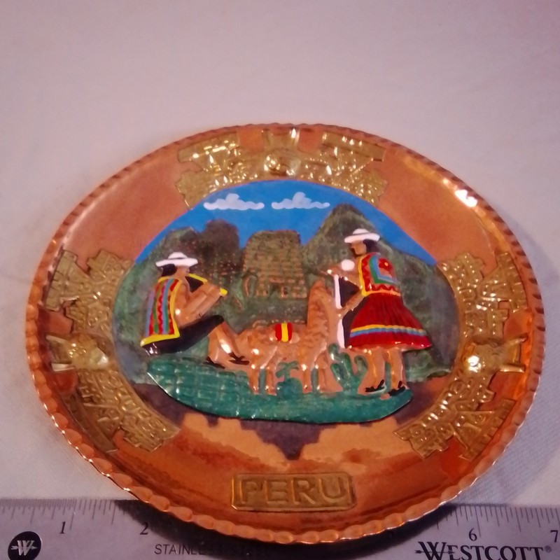 Peruvian Embossed Copper Wall Plate Andean Scene Machu Picchu Decor