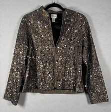 Chico  s Chicos Linen Beaded blazer Clasp Cardigan jacket Gold metallic Size 2