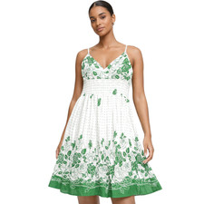 Women’s Green Floral Sundress 100% Cotton Dress V-Neck Smocked Waist Spaghetti