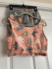 Women’s Size Large Grey Gray Orange Halloween Glow in Dark Tank Short Pajama Set