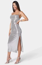 Bebe Silver Stretch Sequin Spaghetti Strap Gown Long Slim Dress w/Slit, XS  129