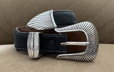 VTG Old Western Unbranded 3 Piece Silver Ranger Belt Buckle Set & Leather Belt