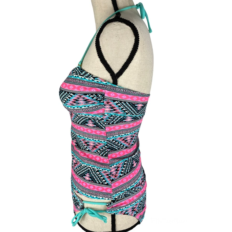 Maiô Island Soul Tankini rosa listrado Ikat biquíni sem alças feminino pequeno - Imagem 3 de 4