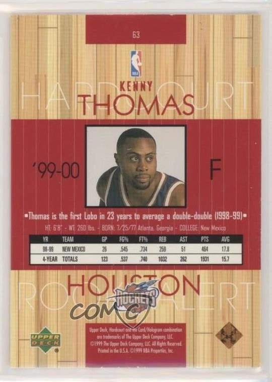 1999-00 Upper Deck Hardcourt Rookie Alert Kenny Thomas #63 Rookie RC - Image 2 of 2