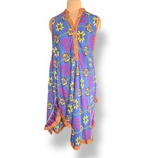Vintage 90s Boho Dress Blue Multicolor Print Handkerchief Hem Mandarin Collar