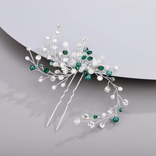 Green Rhinestone and Pearl Hair Pins - Crystal Wedding Accessory for Women, Silv