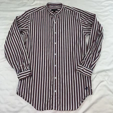 J Peterman Shirt Men's Size S Blue Red White Striped  No Collar Button Down LS