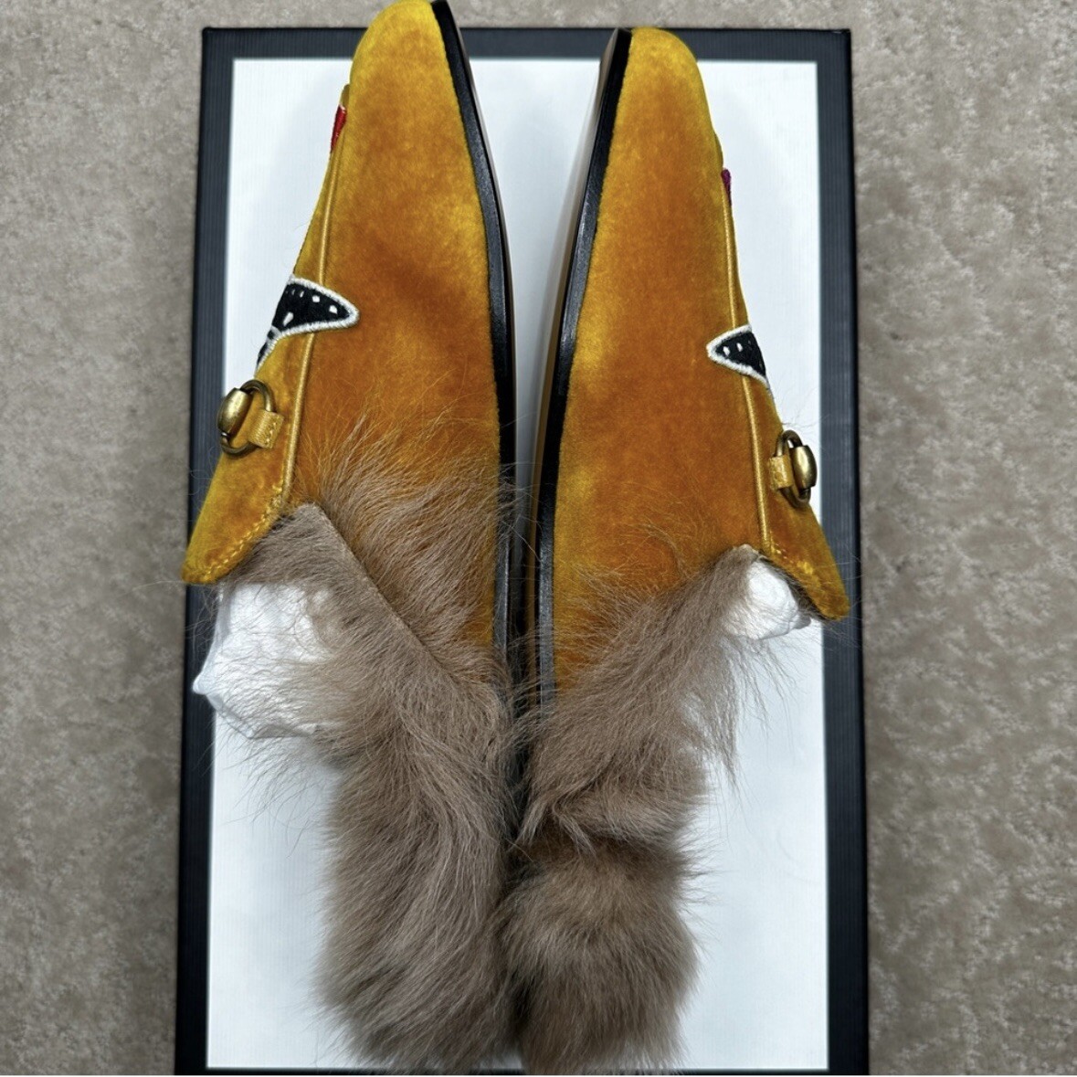 GUCCI Princetown Velvet Mustard Embroidered UFO Fur Slip On  display picture 1