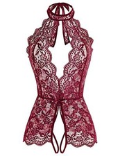 Women's Lace Floral Bodysuit Lingeries Crotchless Thong Jumpsuit Leotard