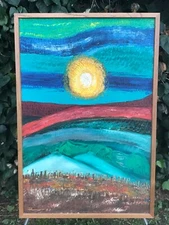 RUA Original HUGE 1960s ABSTRACT MODERN CITYSCAPE SUNSET LANDSCAPE Oil on Board